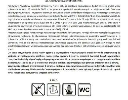 Szlichtyngowa i okolice: woda z kranu tylko po przegotowaniu. Sanepid wydał komunikat