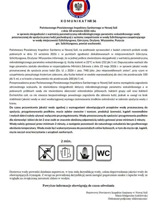 Szlichtyngowa i okolice: woda z kranu tylko po przegotowaniu. Sanepid wydał komunikat