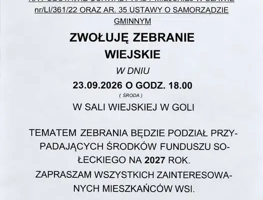 Zebranie wiejskie w Goli – podział funduszu sołeckiego na 2027 rok