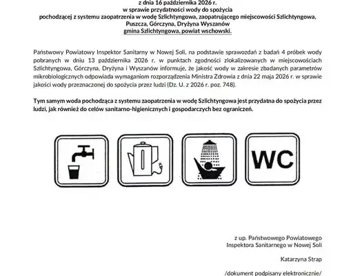 Sanepid: woda w gminie Szlichtyngowa znów zdatna do picia bez ograniczeń