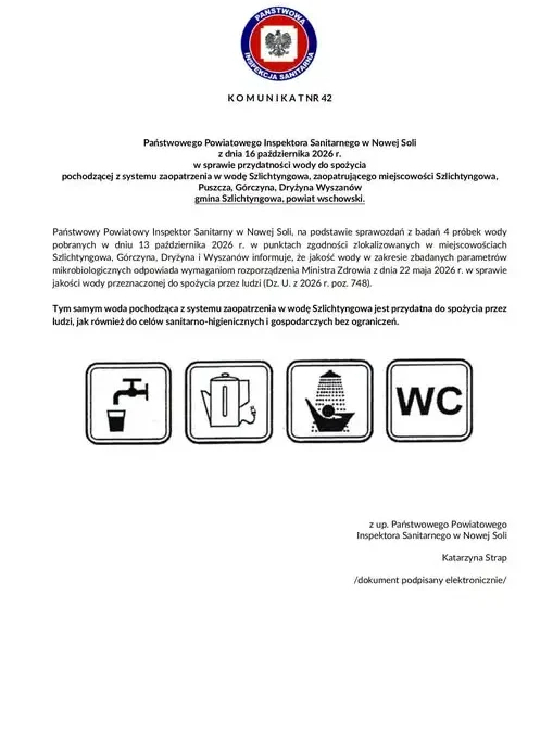 Sanepid: woda w gminie Szlichtyngowa znów zdatna do picia bez ograniczeń